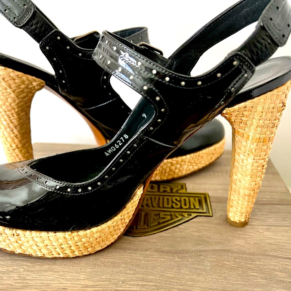 Stuart Weitzman black patten leather heeled sandals